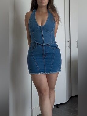 NWT denim halter corset top and jean skirt two piece set